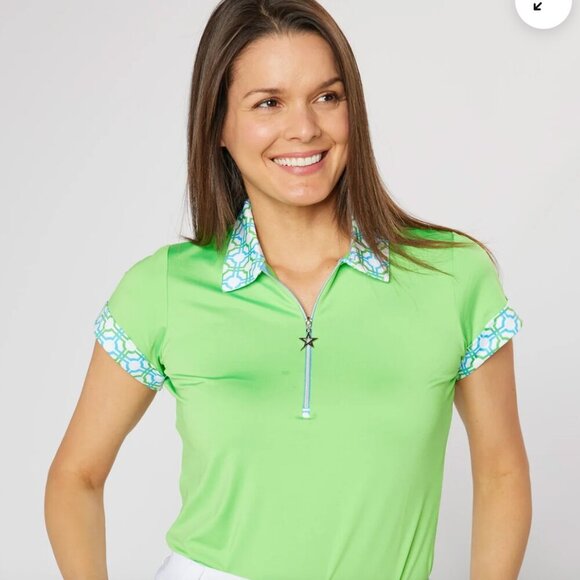Swing Out Sister  Shortsleeve Golf Shirt - Green and Blue Alice Pattern - Picture 1 of 6